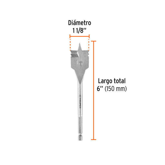 Broca plana de manita 1-1/8' para madera, Truper Código: 11387