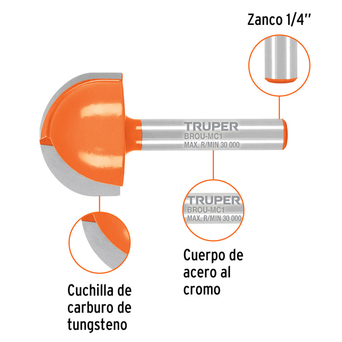 Broca para router, media caña, 1', Truper 102723 BROU-MC1