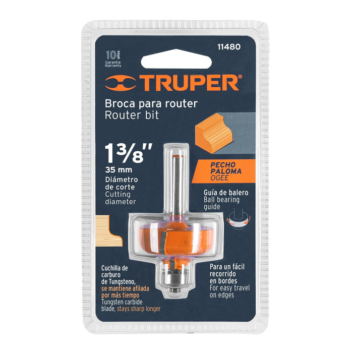 Broca para router, pecho paloma, 1-3/8' con balero, Truper Código: 11480