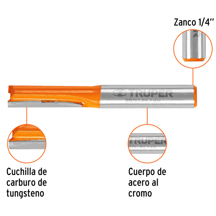 Broca para router, recta 2 filos, 1/4', mediana, Truper Código: 11452