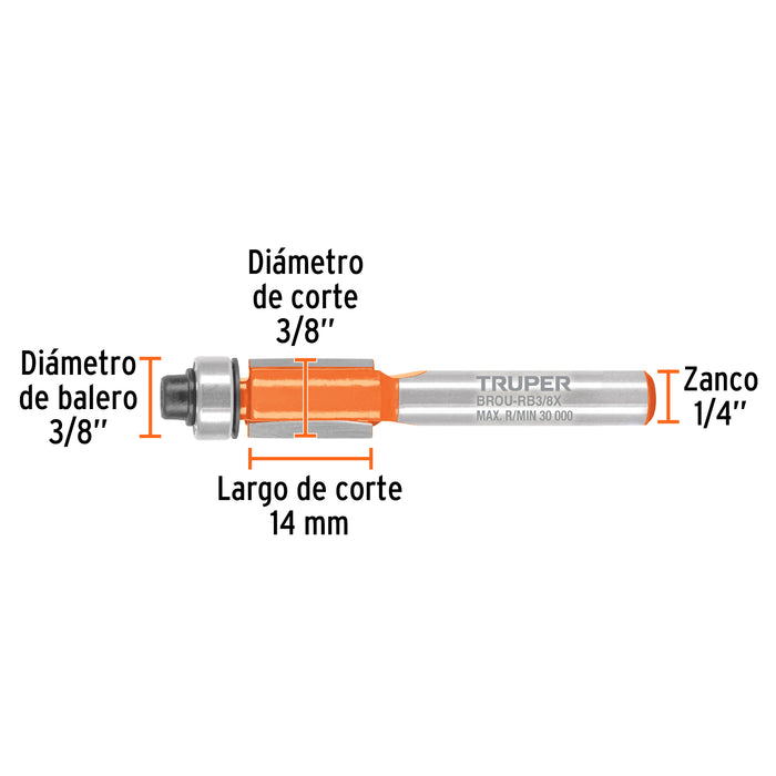 Broca para router, corte recto, 3/8' con balero, Truper Código: 102721