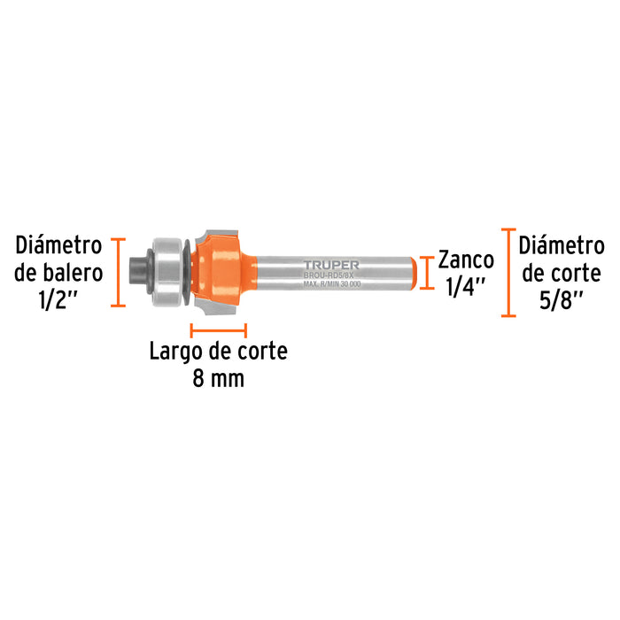 Broca para router, redondeado, 5/8' con balero, Truper Código: 102726