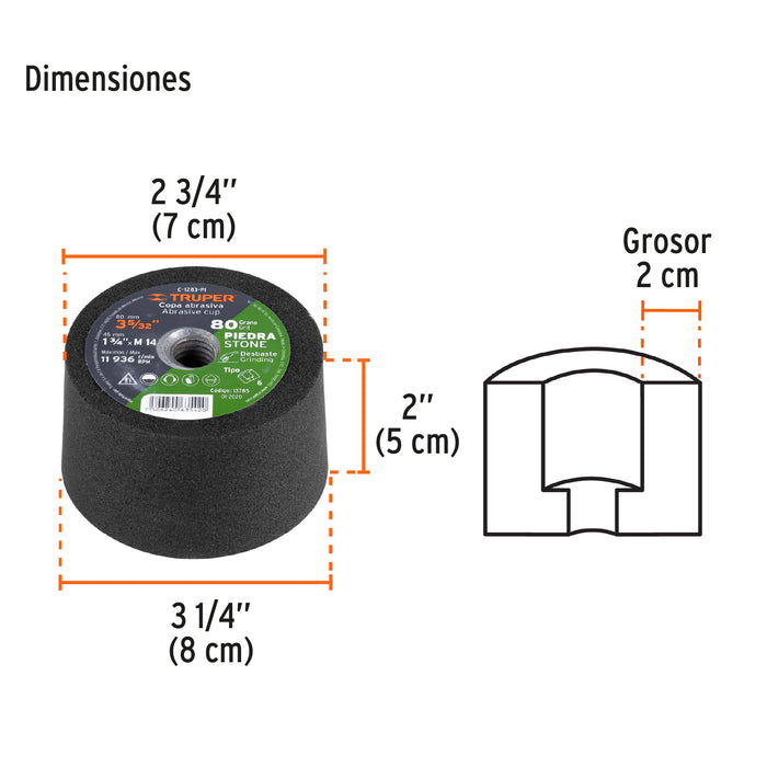 Copa desbaste de piedra 3-5/32' grano 80, eje M14, Truper 13785 C-1283-PI