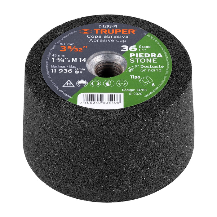 Copa desbaste de piedra 3-5/32' grano 36, eje M14, Truper 13783 C-1293-PI