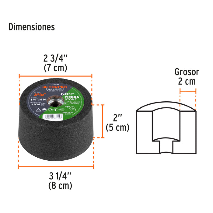 Copa desbaste de piedra 3-5/32' grano 60, eje M14, Truper 13784 C-1295-PI