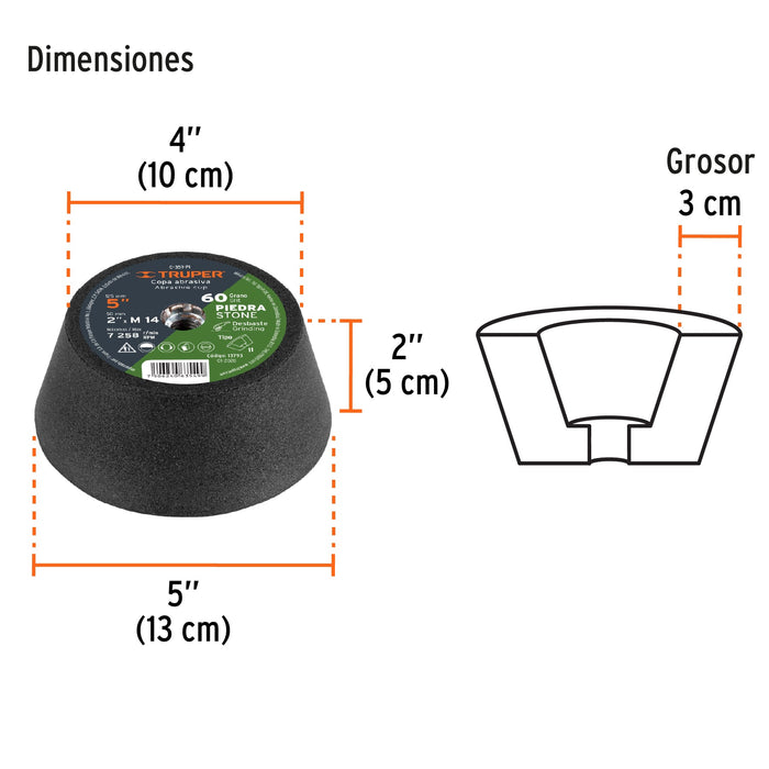 Copa desbaste de piedra 5' grano 60, eje M14, Truper 13793 C-351-PI