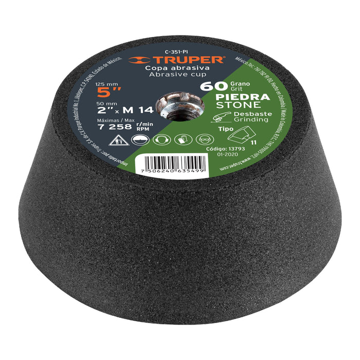 Copa desbaste de piedra 5' grano 60, eje M14, Truper 13793 C-351-PI