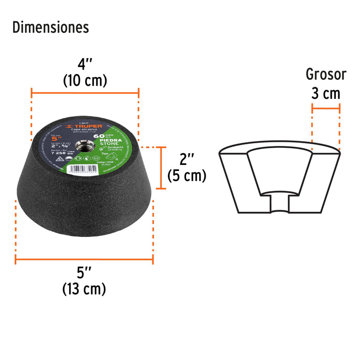 Copa desbaste de piedra 5' grano 60, eje 5/8-11, Truper 13788 C-361-PI