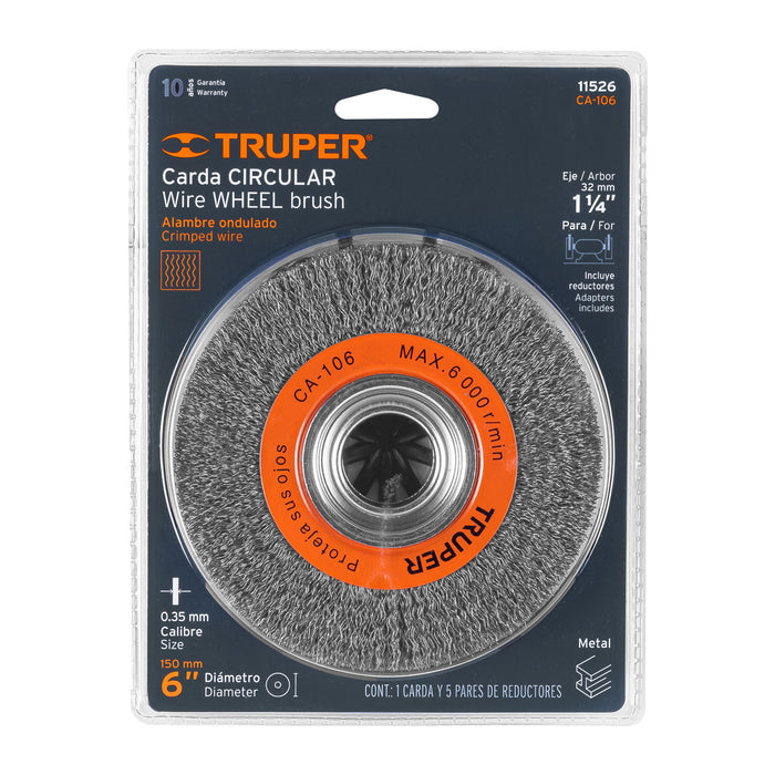 Carda alambre ondulado 6' x 1-1/8' para esmeril, Truper 11526 CA-106