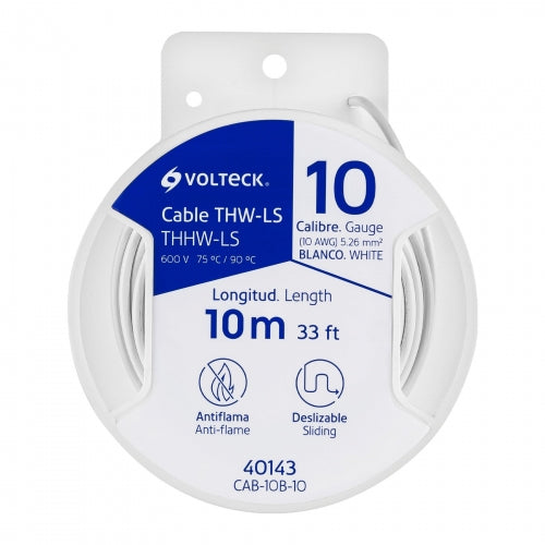 Carrete con 10 m de cable THHW-LS 10 AWG blanco, Volteck 40143 CAB-10B-10