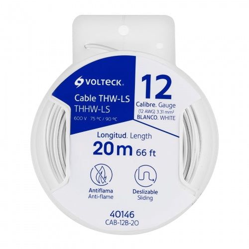 Carrete con 20 m de cable THHW-LS 12 AWG blanco, Volteck 40146 CAB-12B-20
