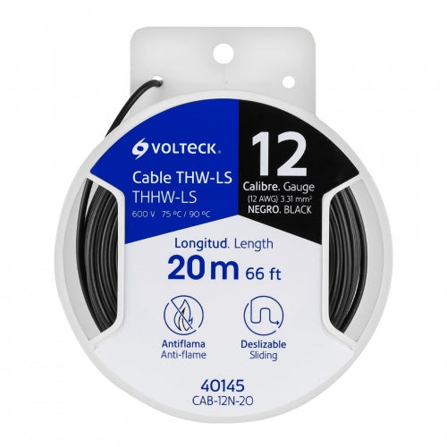 Carrete con 20 m de cable THHW-LS 12 AWG negro, Volteck 40145 CAB-12N-20