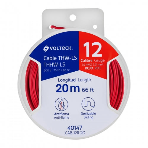 Carrete con 20 m de cable THHW-LS 12 AWG rojo, Volteck 40147 CAB-12R-20