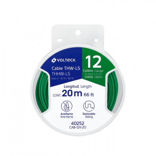 Carrete con 20 m de cable THHW-LS 12 AWG verde, Volteck 40252 CAB-12V-20