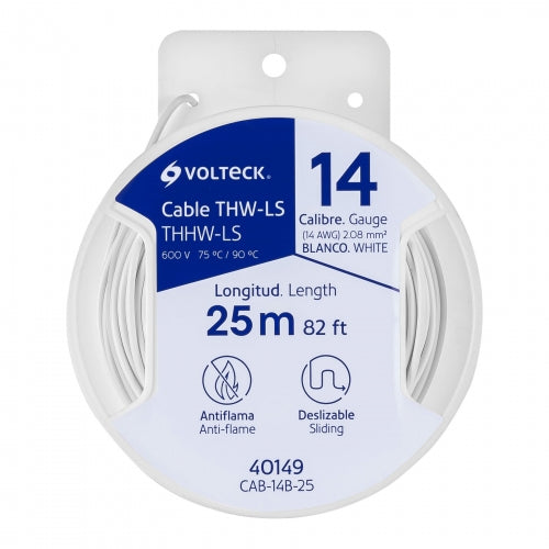 Carrete con 25 m de cable THHW-LS 14 AWG blanco, Volteck 40149 CAB-14B-25