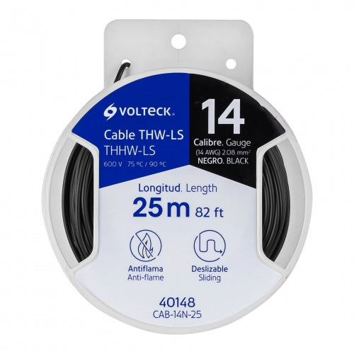Carrete con 25 m de cable THHW-LS 14 AWG negro, Volteck 40148 CAB-14N-25