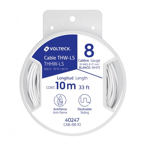 Carrete con 10 m de cable THHW-LS 8 AWG blanco, Volteck 40247 CAB-8B-10
