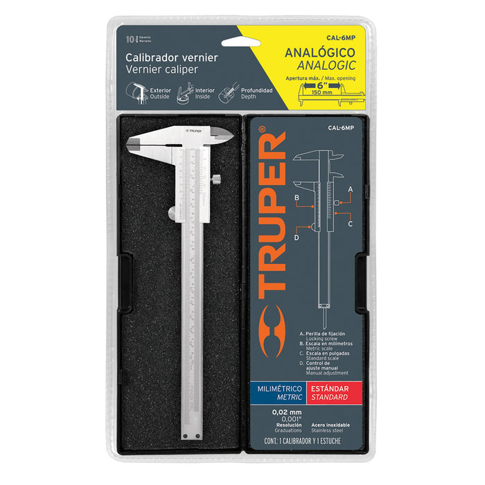 Calibrador vernier analógico 6' acero inox, std y mm, Truper 14394 CAL-6MP