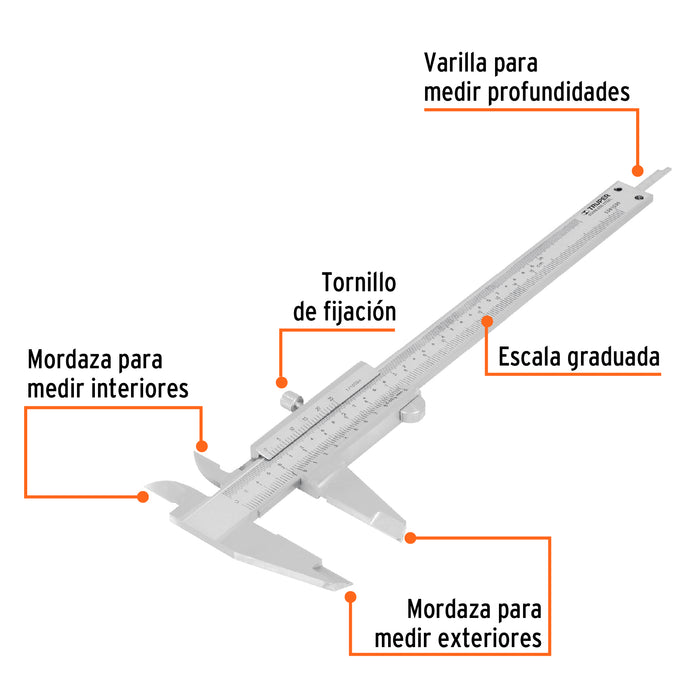Calibrador vernier analógico 6' acero inox, std y mm, Truper 14394 CAL-6MP