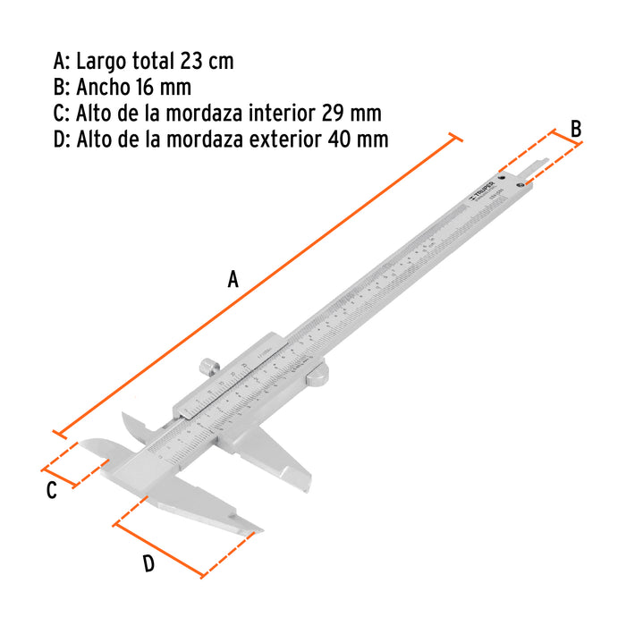 Calibrador vernier analógico 6' acero inox, std y mm, Truper 14394 CAL-6MP