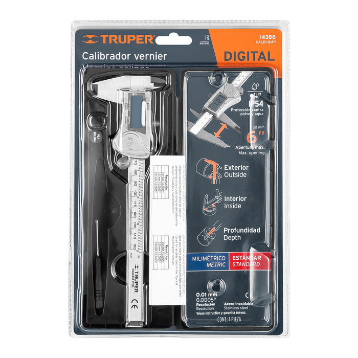 Calibrador vernier digital 6' acero inox, std y mm, Truper 14388 CALDI-6MP