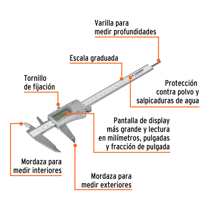 Calibrador vernier digital 6' acero inox, std y mm, Truper 14388 CALDI-6MP