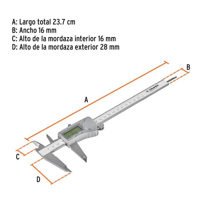 Calibrador vernier digital 6' acero inox, std y mm, Truper 14388 CALDI-6MP