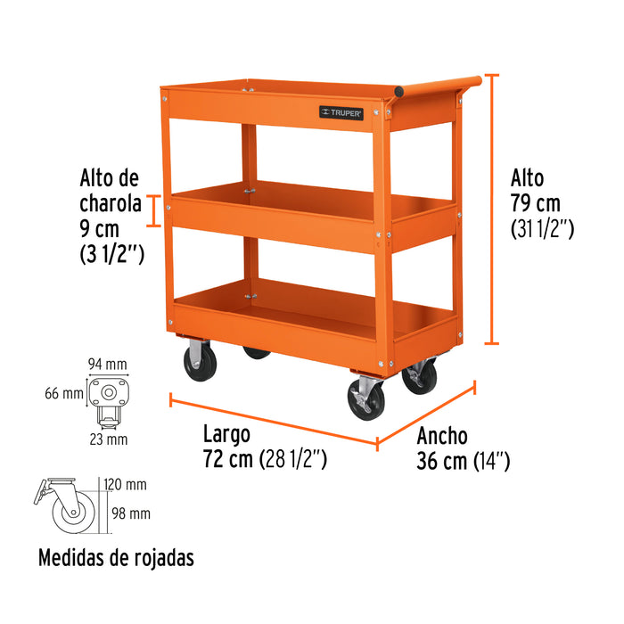 Carro de servicio, 3 charolas, Truper 11528 CARRO-3
