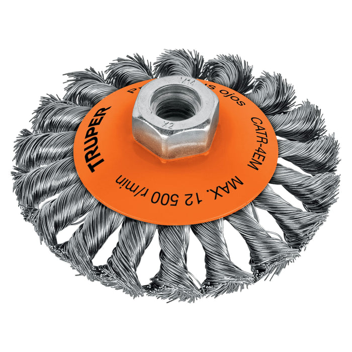 Carda tipo cónico 4' alambre trenzado, eje 5/8'-11, Truper 14190 CATR-4E