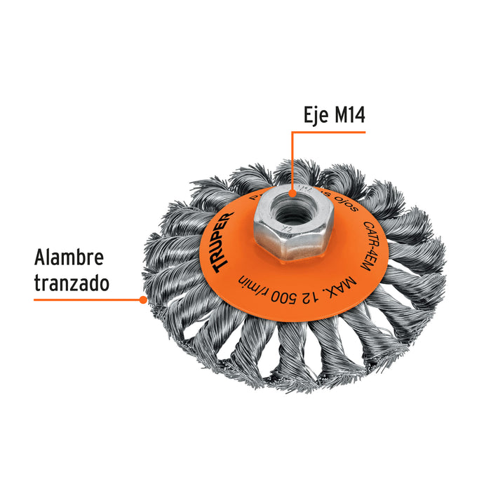 Carda tipo cónico 4' alambre trenzado, eje M14, Truper 14188 CATR-4EM