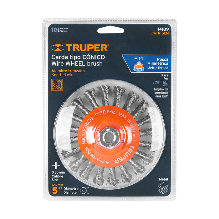 Carda tipo cónico 5' alambre trenzado, eje M14, Truper 14189 CATR-5EM