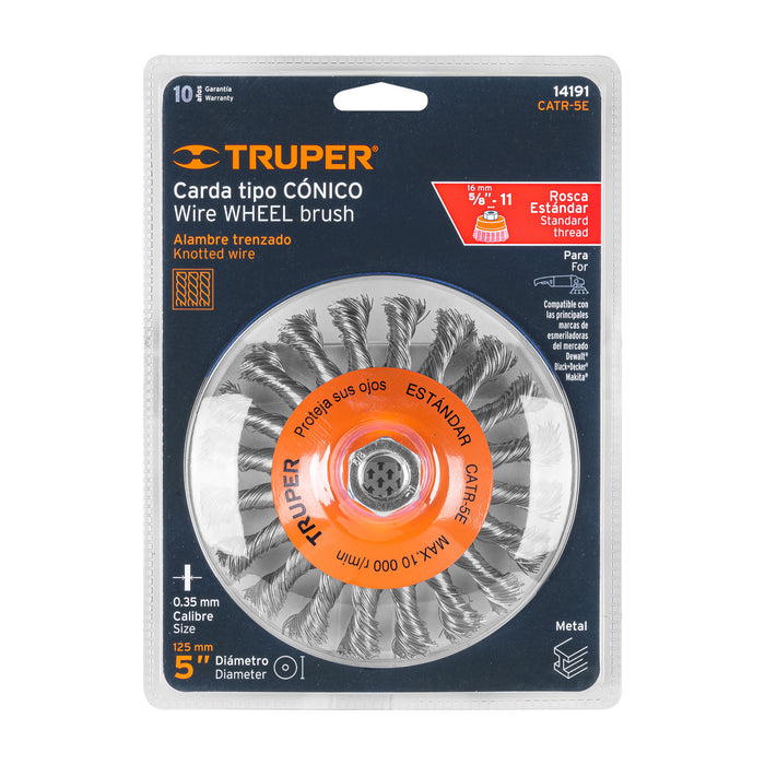 Carda tipo cónico 5' alambre trenzado, eje 5/8'-11, Truper 14191 CATR-5E