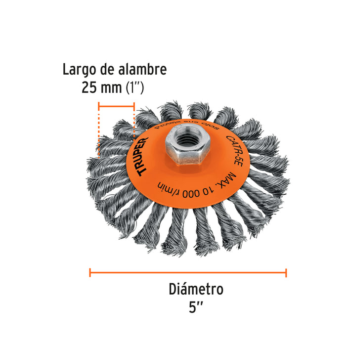 Carda tipo cónico 5' alambre trenzado, eje 5/8'-11, Truper 14191 CATR-5E