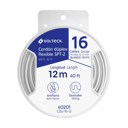 Carrete con 12 m cordón dúplex flexible SPT 16 AWG, Volteck 40201 CDU-16-12