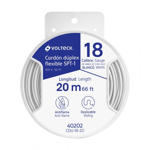 Carrete con 20 m cordón dúplex flexible SPT 18 AWG, Volteck 40202 CDU-18-20