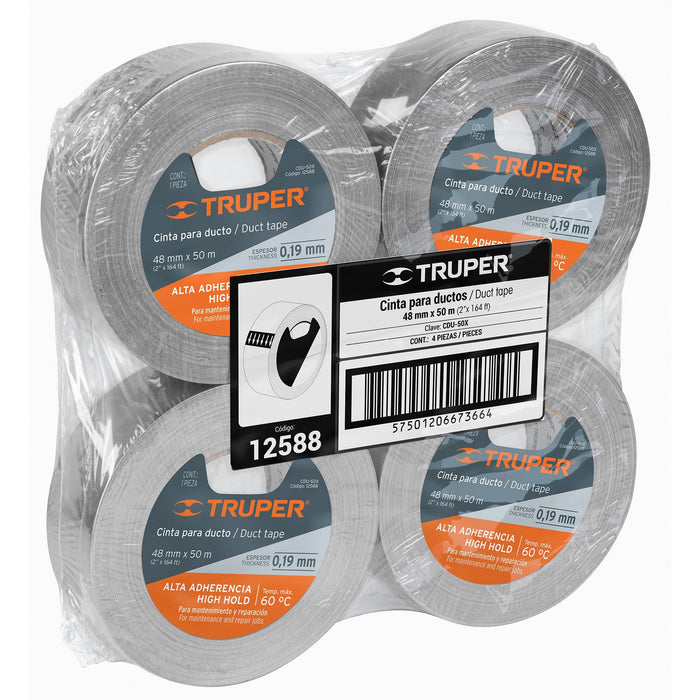 Cinta para ducto 50m x 48mm, espesor 0.19mm, Truper 12588 CDU-50X
