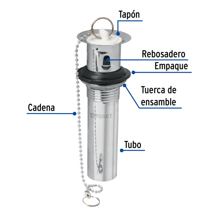 Contra p/lavabo c/rebosadero, tapón y cadena, cromo, 1-1/4' 49982