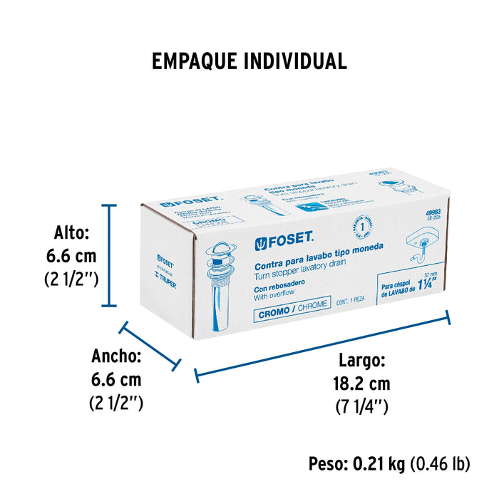 Contra p/lavabo con rebosadero, tipo moneda, cromo, 1-1/4' 49983