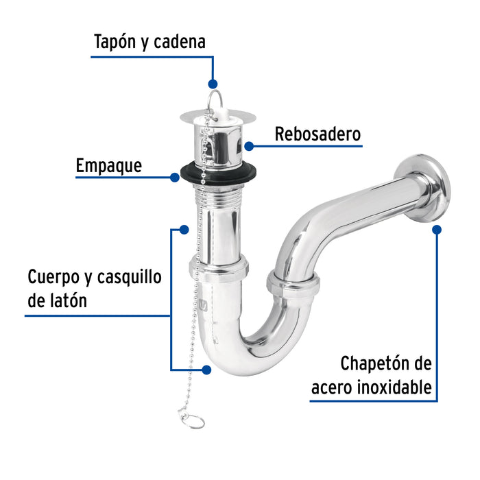 Céspol 1-1/4' c/contra, tapón y cadena, latón cromo,p/lavabo 49335