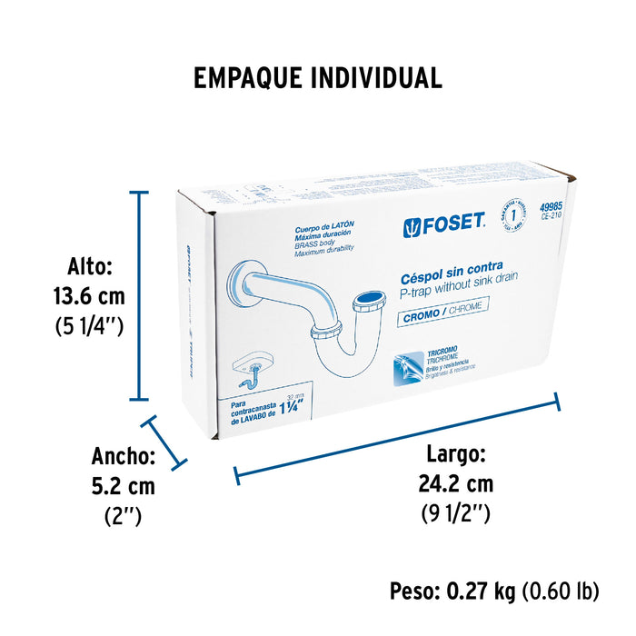 Céspol 1-1/4', sin contra, latón cromo, para lavabo, Foset 49985