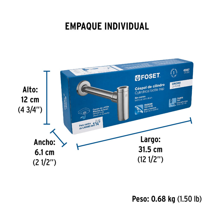 Céspol de bote minimalista 1 1/4', cromo, para lavabo, Foset 49987