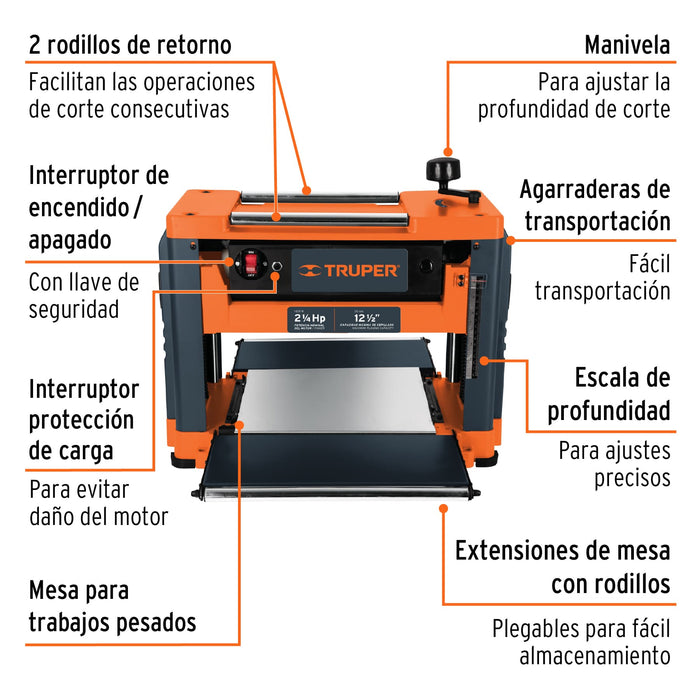 Cepillo portátil 12-1/2', 2-1/4 HP (1600 W), Truper 16240 CEP-12