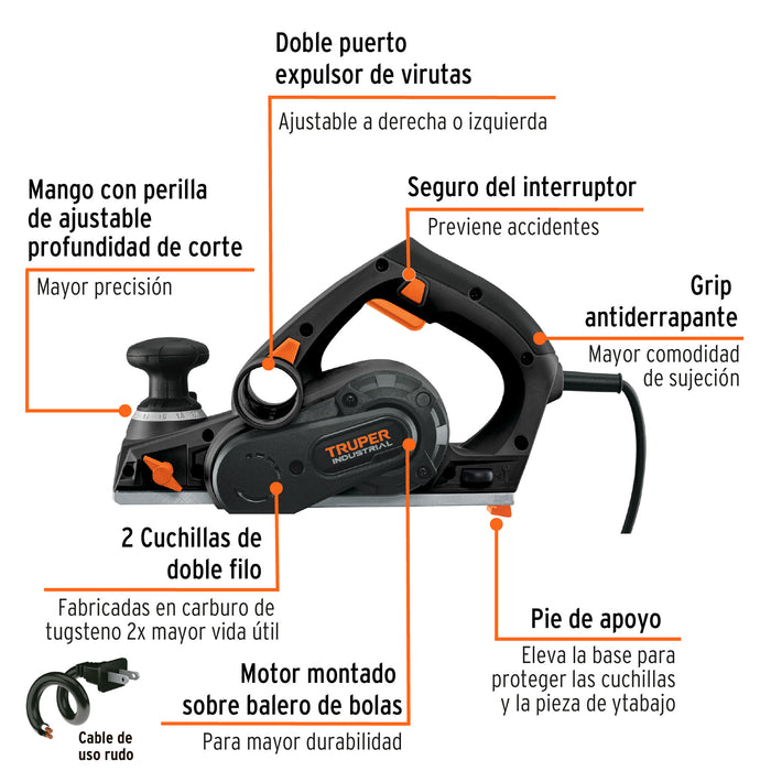 Cepillo eléctrico 3-1/4' 720 W, industrial, Truper Código: 102800