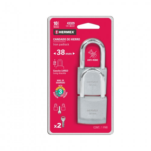 Blíster con 2 candados de hierro de 38mm con gancho largo 43329 CH-38LX2
