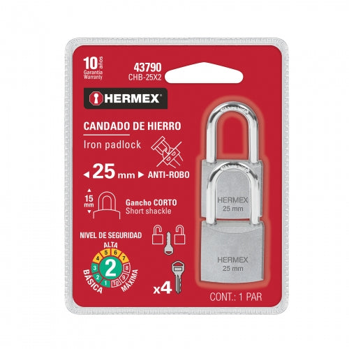 Blíster con 2 candados de hierro de 25mm con gancho corto 43790 CHB-25X2