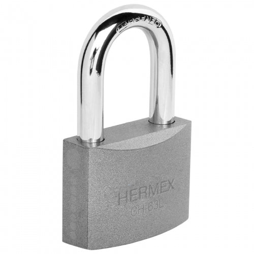 Candado de hierro 63 mm gancho largo en blíster, Hermex 43804 CHB-63L