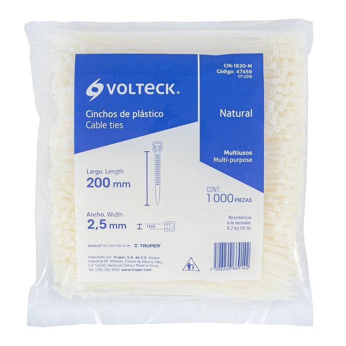 Bolsa con 1000 cinchos plásticos 18lb, 200x2.5 mm, naturales 47459