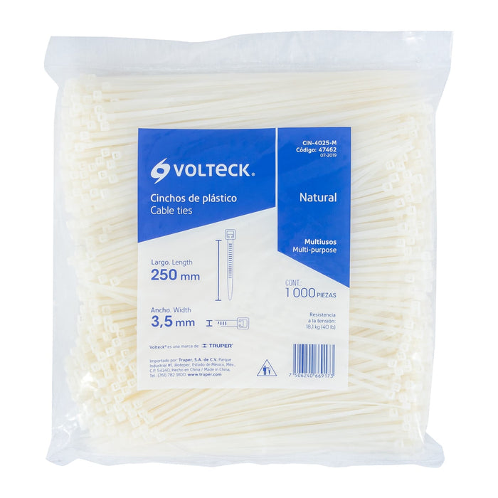 Bolsa con 1000 cinchos plásticos 40lb, 250x3.5 mm, naturales 47462