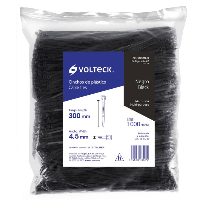 Bolsa con 1000 cinchos plásticos 50 lb, 300x4.5 mm, negros 47472
