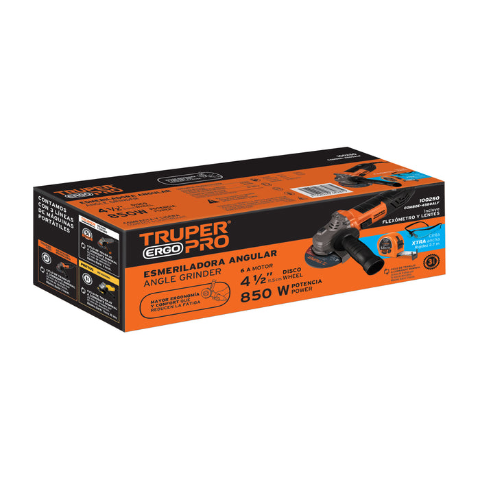 Esmeriladora 4-1/2' 850 W, lentes de seguridad y flexómetro 100250 COMBOE-4580ALF